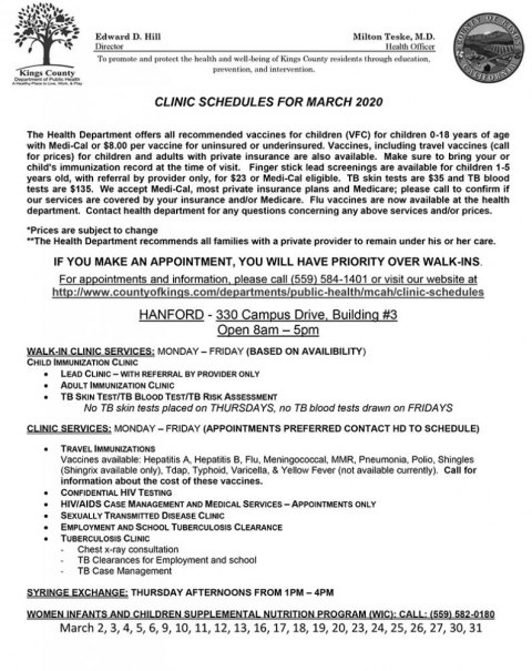 Kings County Health Department releases Clinic Schedules for March